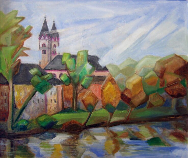 Bild 457, Blick von der Saale zur Michaeliskirche, Öl auf Leinwand, 80 x 60 cm